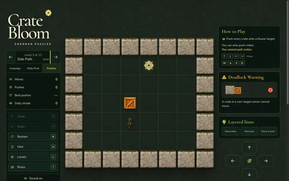 Crate Bloom — Original Sokoban puzzles with unlimited undo, clear deadlock warnings and daily challenges.