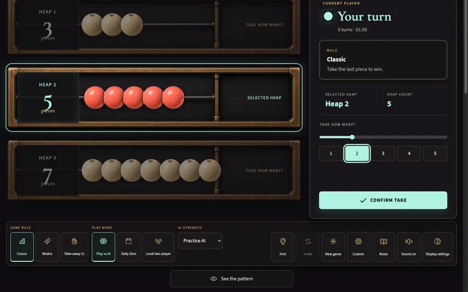 Nim Zero — Classic Nim, Misère, Take-away 21 and a Daily Zero, with explainable AI that teaches the winning nim-sum strategy.