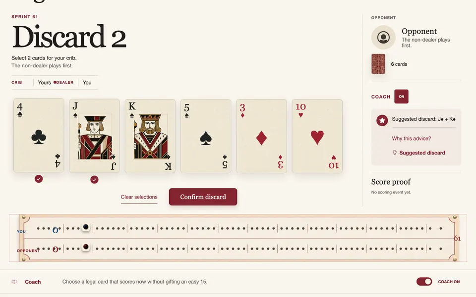 Pegline — Transparent two-player Cribbage: Sprint 61, Classic 121 and a deterministic Daily Deal.