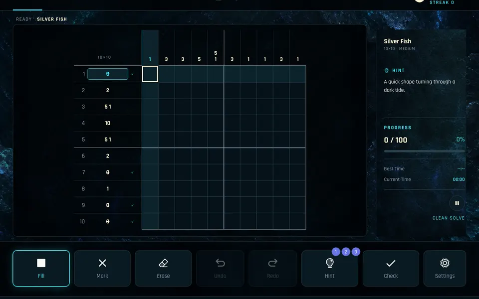 Pixel Oracle — Original 5×5, 10×10 and 15×15 Nonograms with logic-only hints and a Daily Oracle.