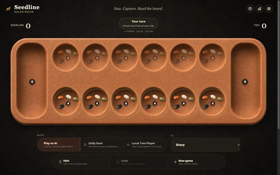 Seedline — Tactile Kalah Mancala against three AI levels, a deterministic Daily Duel and local two-player.