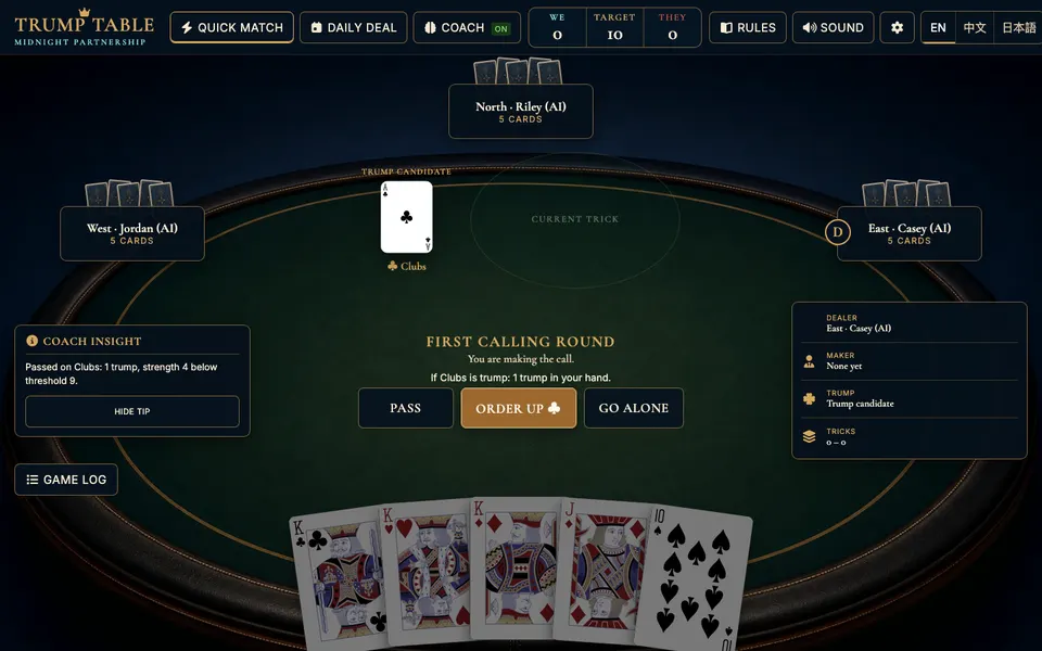 Trump Table — Four-player Euchre with an AI partner, honest opponents, Coach explanations and a Daily Deal.